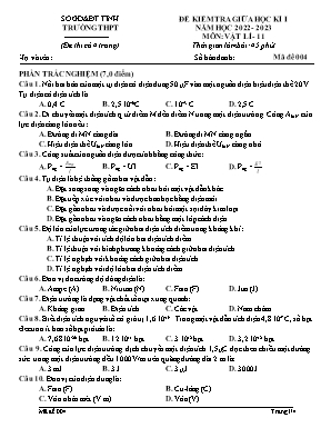 Đề kiểm tra giữa học kì I môn Vật lí 11 - Năm học 2022-2023 - Mã đề 004 (Kèm đáp án)
